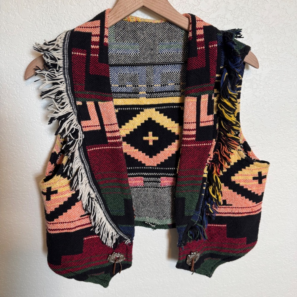 Western Cowgirl Vintage Woven Blanket Concho Vest S/M Multicolor
